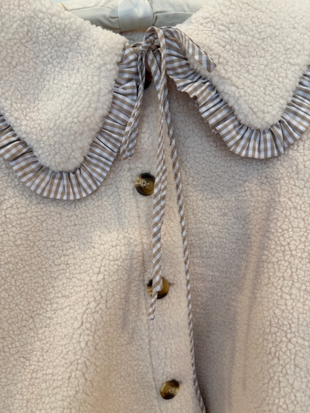 Teddy Jacket with Gingham Ruffle Collar & Buttons - Cream - Picture 3 of 7
